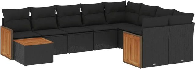 vidaXL 10-tlg. Garten-Sofagarnitur in L-Form aus Poly-Rattan und Akazienholz mit Kissen, Schwarz - Bild 1