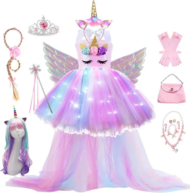 Supertaro Chen Kinder-Einhornkleid, Kostüm, mit LED-Lichtern, pastellfarbenes Regenbogenkleid - Bild 1