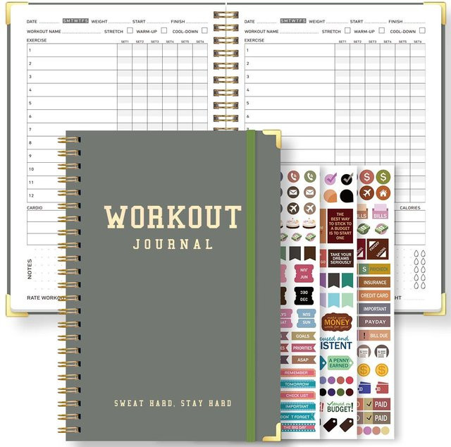 Binchi Outdoor Product Trainingsjournal mit Spiralbindung und Hardcover in Grün inklusive Zielsetzung, Fortschrittsseiten, Monatsübersicht und Aufklebern - Bild 1