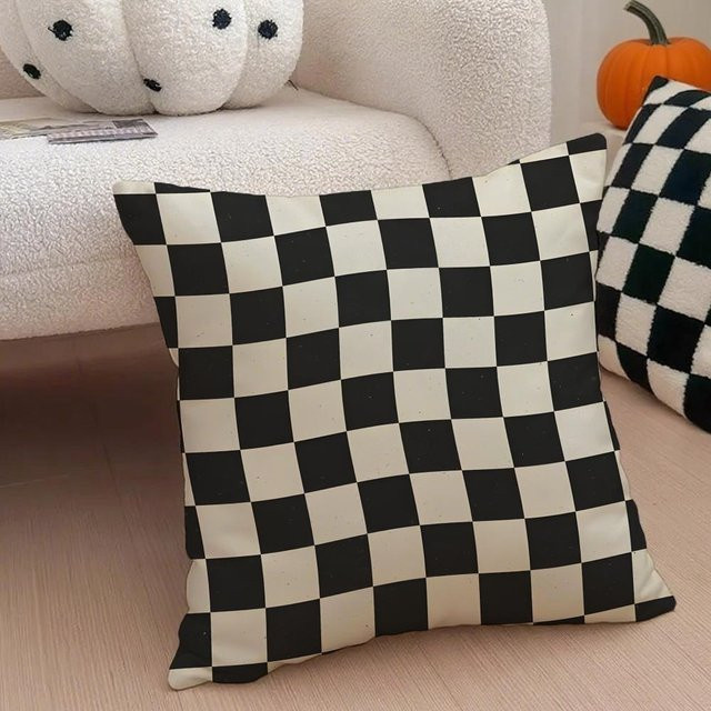 Vintage Schachbrett Kissenbezug aus Polyester in Schwarz, B/B/H: 30 x 30 x 30 cm - Bild 1