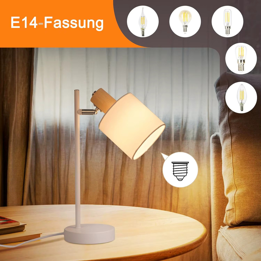 Vintage Tischlampe aus Holz mit weißem Stoffschirm, drehbare E14 Nachttischleuchte im Retro-Design für Wohnzimmer und Schlafzimmer - Bild 3