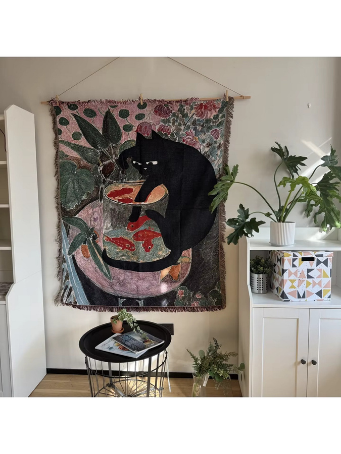 Le Angeer Vintage Wandteppich im Boho-Stil mit schwarzer Katze und Goldfisch, gewebter Wandbehang mit botanischem Garten-Design in Schwarz und Gold, Breite: 160 cm, Höhe: 130 cm - Bild 3