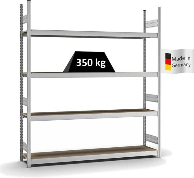 PROREGAL Weitspannregal Stecksystem T-Profil in Silber, verzinkt, mit 4 Ebenen Spanplatten-Fachböden, H x B x T: 250 x 225 x 40 cm - Bild 1
