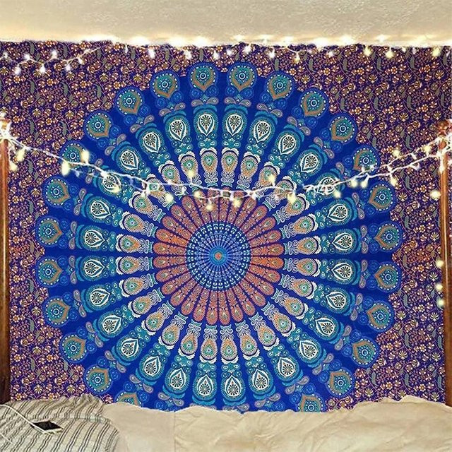 BaiTu Clothes Wandbehang Mandala Pfauen Design in Blau und Gold, Boho Hippie Wandteppich mit floralem und geometrischem Muster, B: 150 cm, H: 130 cm - Bild 1