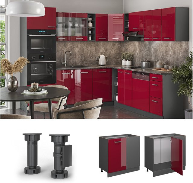 Vicco Eckunterschrank R-Line Bordeaux Hochglanz Anthrazit Breite: 86 cm - Bild 3