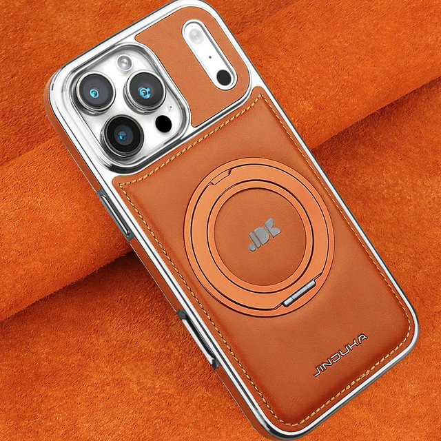 HQBBRO Leder-Handyhülle mit magnetischem 360-Grad-Drehständer und Ringhalter für iPhone 17 Pro Max, 16 Plus, 15, 14, 13 in Grau, kompatibel mit MagSafe - Bild 1