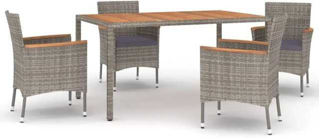 vidaXL 5-tlg Garten-Essgruppe aus Poly Rattan und Akazienholz in Grau mit Kissen - Bild 1