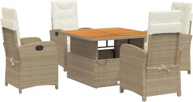 vidaXL 5-teilige Garten-Essgruppe aus massivem Akazienholz und Poly Rattan in Beige mit Kissen für Garten, Hinterhof und Terrasse - Bild 1