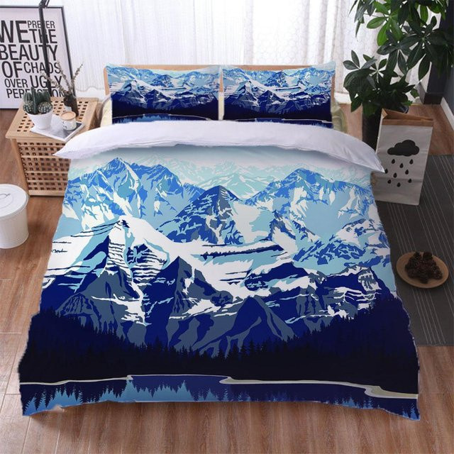 Bettwäsche-Set aus Mikrofaser mit 3D-Schneeberglandschaft für Kinder, 1 Bettbezug und 2 Kissenbezüge, Breite: 90 cm, Länge: 190 cm - Bild 1