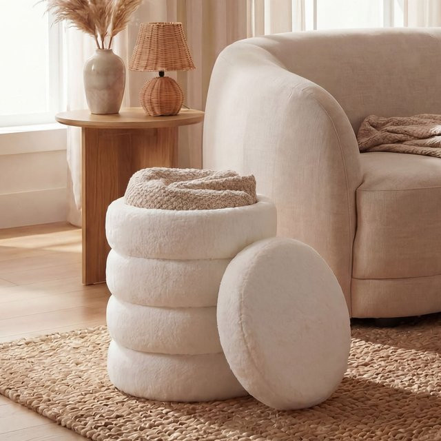 Finebuy Sitzhocker mit Stauraum aus Teddy-Stoff in Beige, Rund, Durchmesser: 40 cm - Bild 1