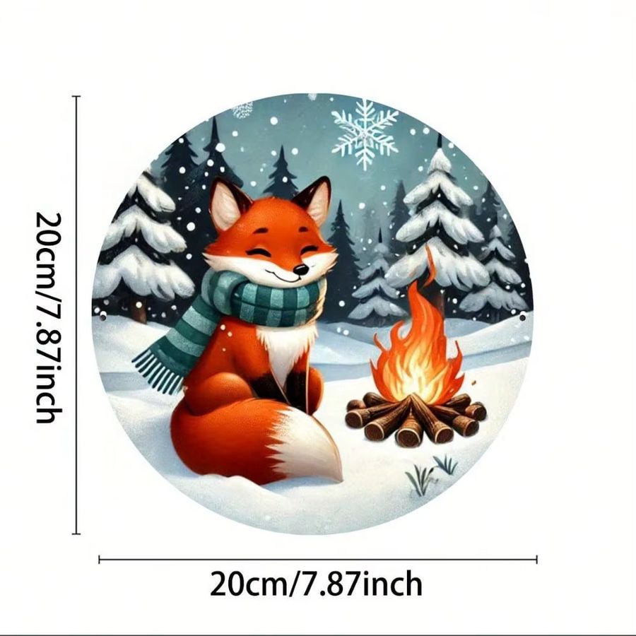 CIFBUY Vintage Metallschild Fox Winter Bonfire Weihnachtsbaum rund, Durchmesser: 20,3 cm, Multicolor - Bild 3