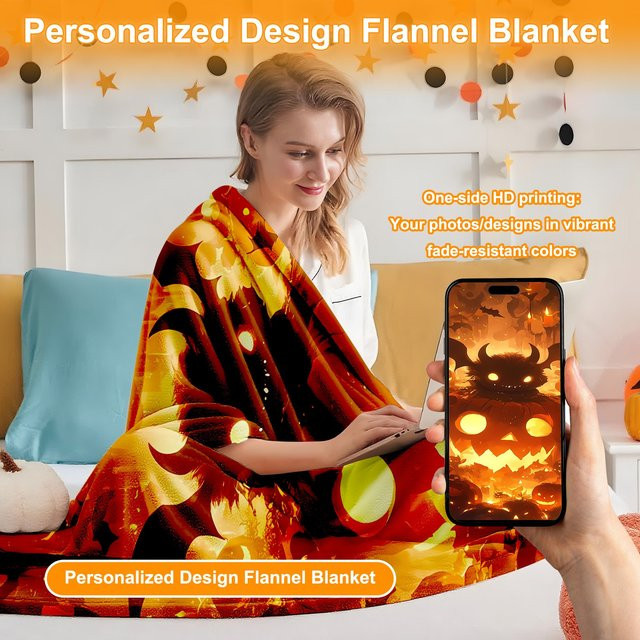 SRH Fleecedecke mit individuellem Halloween-Foto-Druck in Orange - Bild 1