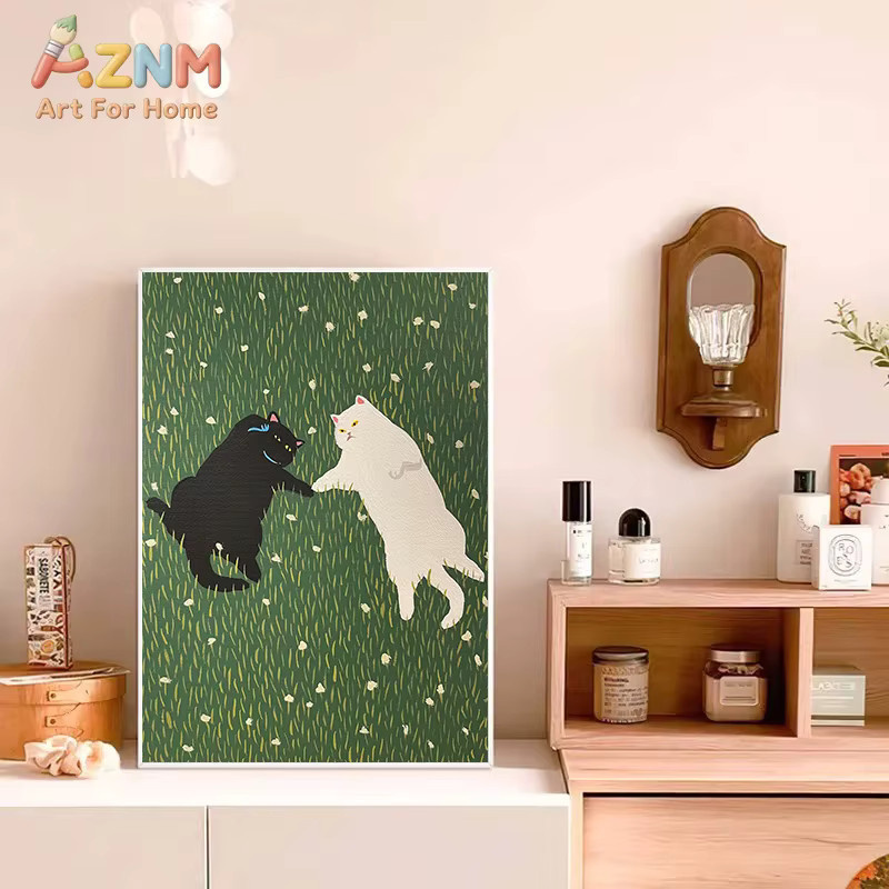 Potdemiel Leinwandgemälde mit lustigen Cartoon-Katzen und Pflanzen in Mehrfarbig, Wandkunst Poster für dein Wohnzimmer ohne Rahmen - Bild 3