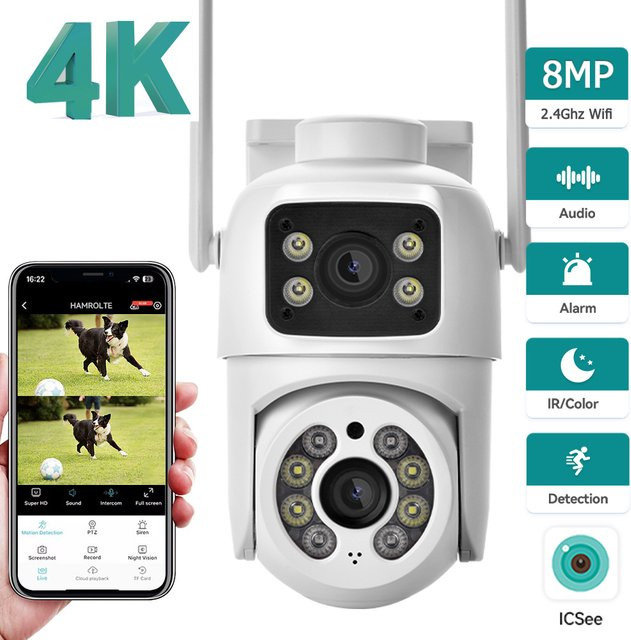 HAMROLTE 8MP 4K PTZ Sicherheitskamera mit Doppellinse, WLAN Outdoor-Überwachungskamera mit KI-Menschenerkennung, Auto-Tracking, Dual-Screen und Farbnachtsicht in Weiß - Bild 1