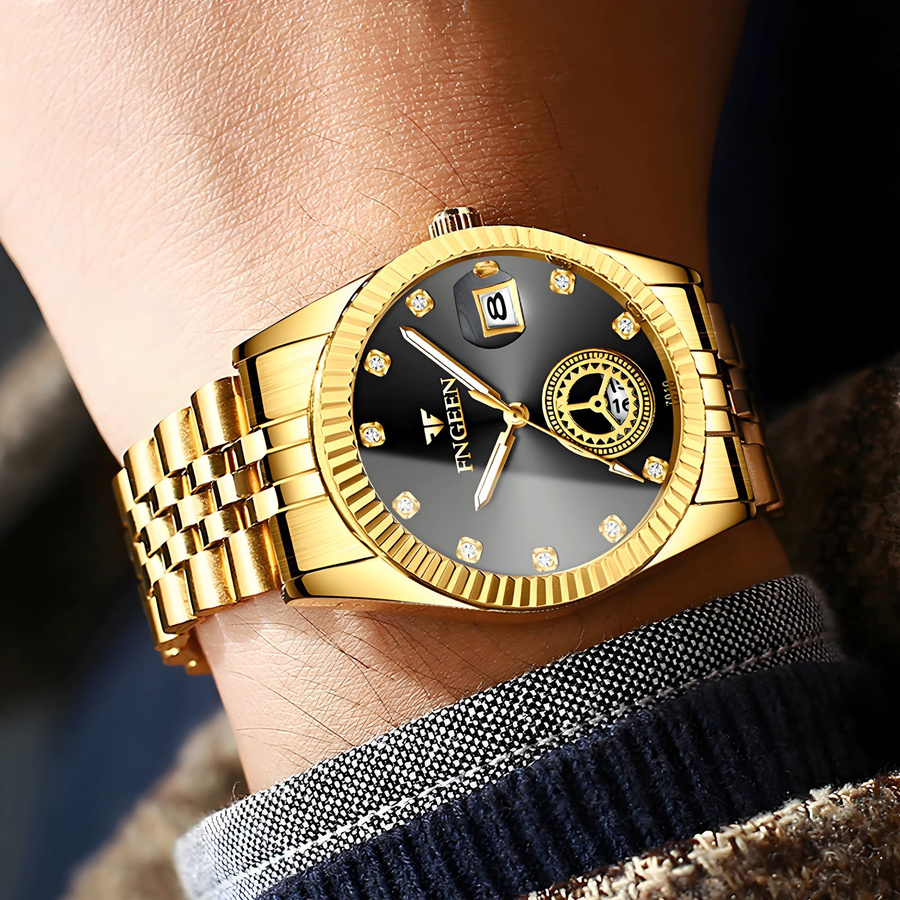 BINBOND Armbanduhr Quarz, Edelstahl, Gold, Schwarz, Herren - Bild 3