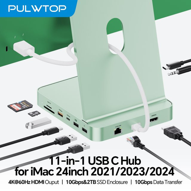 PULWTOP USB-C-Hub für iMac 24 Zoll M1 M3 M4 mit 2,5 G Ethernet, 4K HDMI, M.2 SSD-Slot und USB-A/C Anschlüssen bis 10 Gbit/s sowie SD/TF-Kartenslot - Bild 1