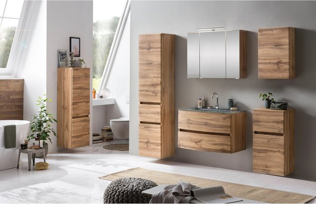 Held Möbel Waschtisch-Set Salerno 2-tlg. in Wotaneiche mit grauem Glasbecken und Spiegelschrank, Breite: 80 cm - Bild 1