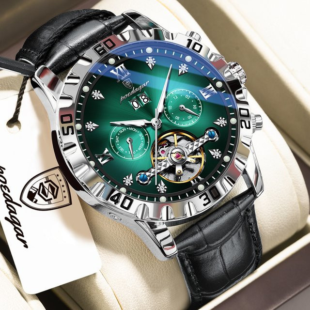 POEDAGAR Armbanduhr Automatik, Leder, Edelstahl, Grün, Herren - Bild 1