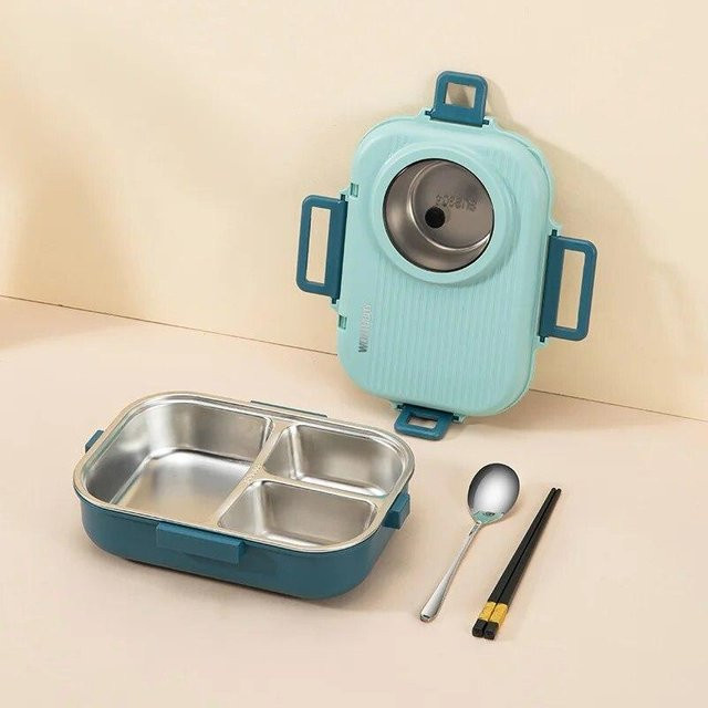 SEEQS Edelstahl-Lunchbox mit 3 Fächern und Suppenschüssel, auslaufsicher, Blau - Bild 1