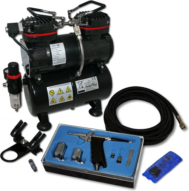 Wiltec Airbrush Kompressor Set AS196 mit DA116 Airbrushpistole, Cleaning Set und Zubehör in Schwarz und Multicolour - Bild 1