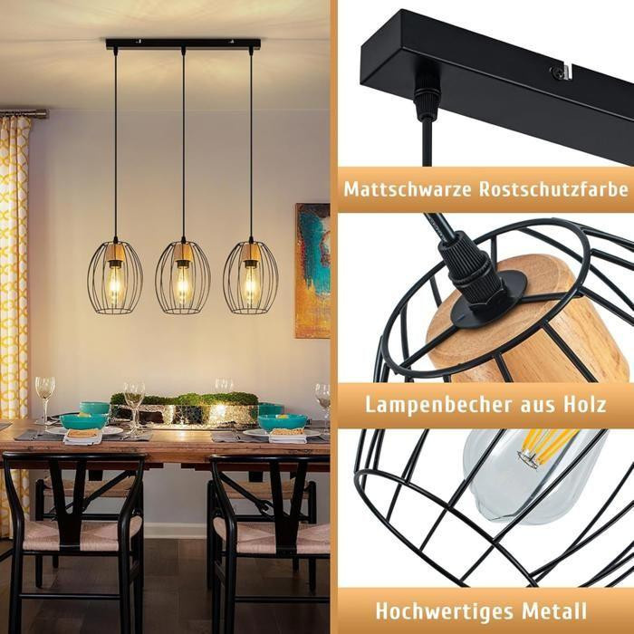 NETTLIFE Hängeleuchte in Schwarz mit Holz und Metall im skandinavischen Design, 3er-Set mit E27 Fassungen - Bild 2
