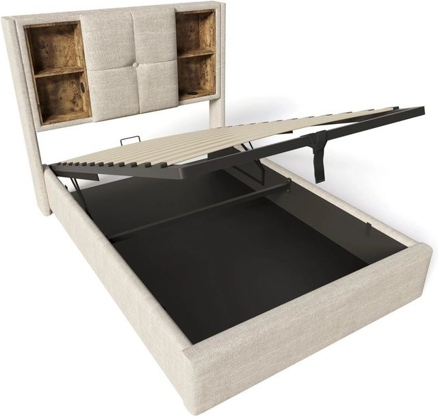 Merax Polsterbett mit Stauraum und USB-C Ladestation aus Leinen in Beige und Braun, B/T/H: 90 x 200 x 100,5 cm - Bild 1