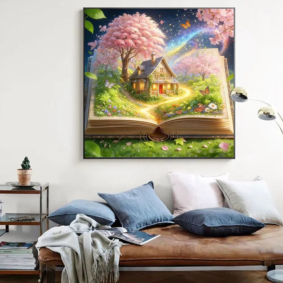 Huacan Diamant-Malerei Set Landschaft mit Haus und Baum, Mosaik-Bild mit Strasssteinen in Multicolour, B/H: 20 x 20 cm - Bild 3