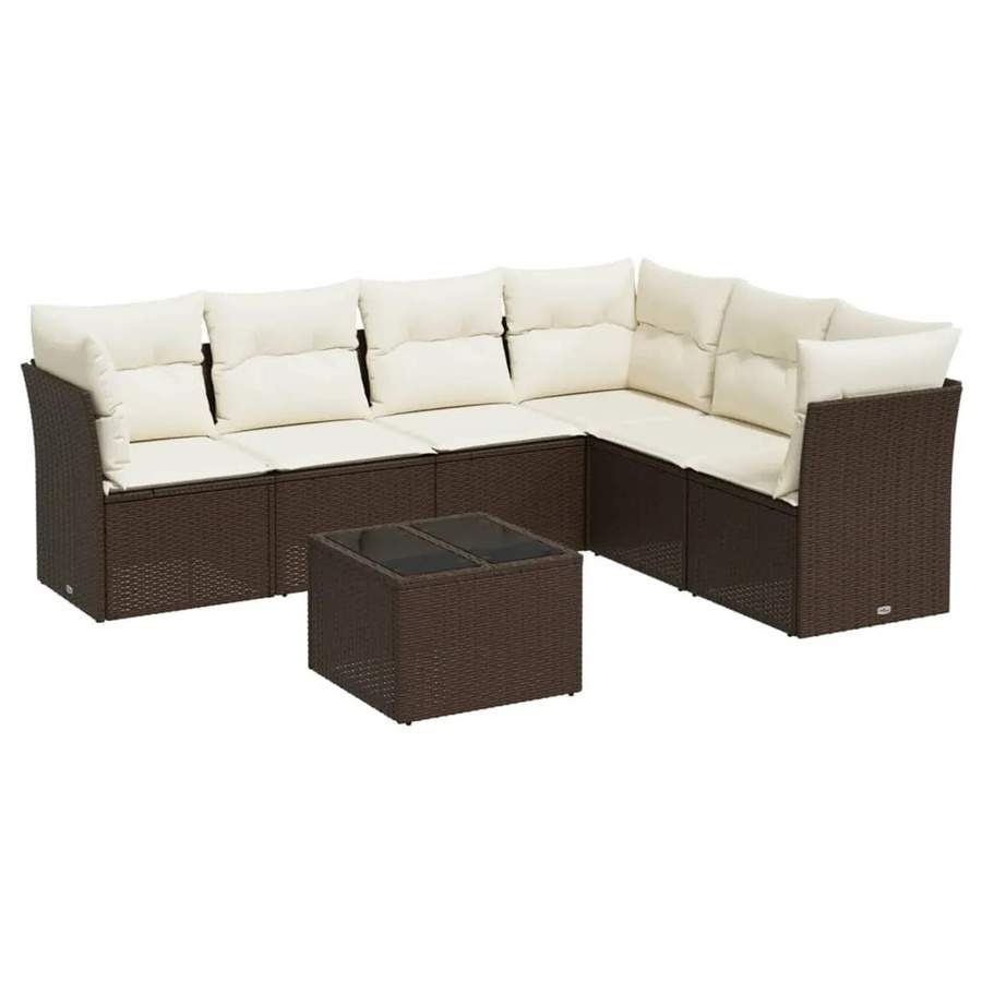 vidaXL 7-tlg. Garten-Sitzgruppe in L-Form aus Polyrattan mit Kissen, Braun - Bild 2