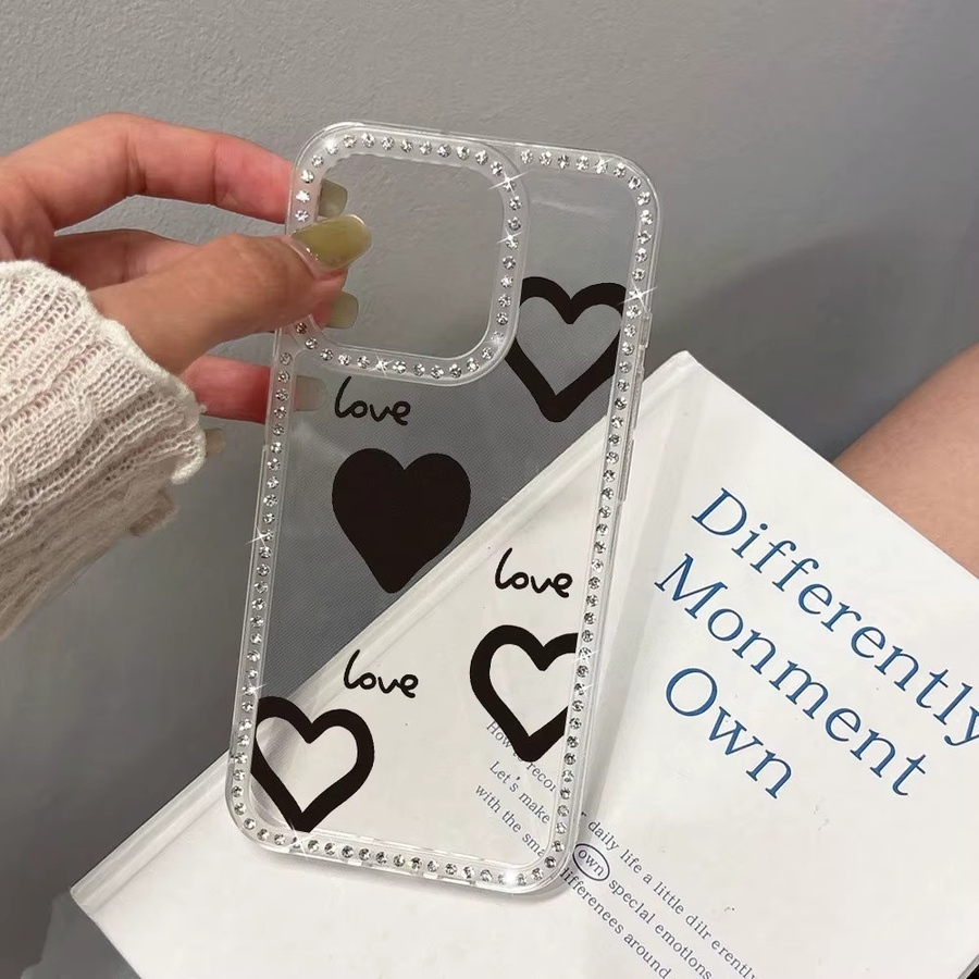 Stoßfeste iPhone Schutzhülle mit Diamant-Herz-Design und Lanyard, transparent - Bild 2