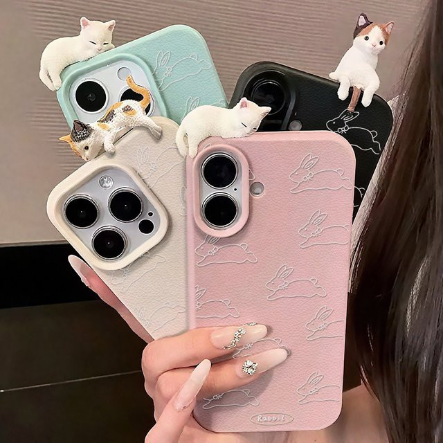 3D-Kaninchen Leder Handyhülle für iPhone 17 16 15 14 13 12 Pro Max Plus Air in Pink mit Stoßschutz und Soft-Design - Bild 1