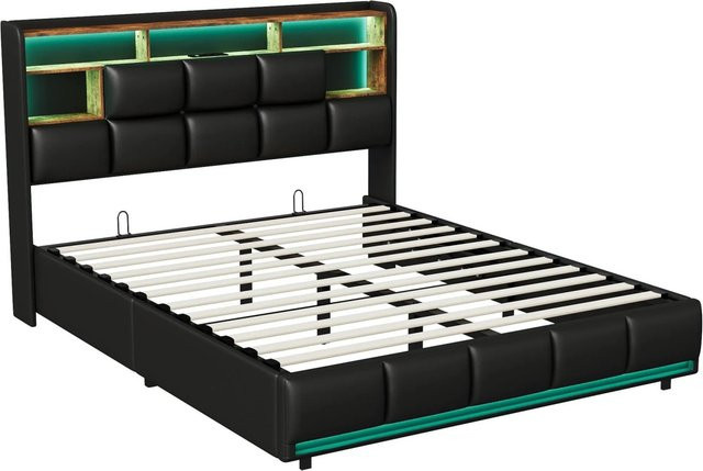 PXloue Stauraumbett Doppelbett in Schwarz aus Kunstleder mit USB-Ladeport und Unterbettbeleuchtung, B/T/H: 160 x 200 x 30 cm - Bild 1
