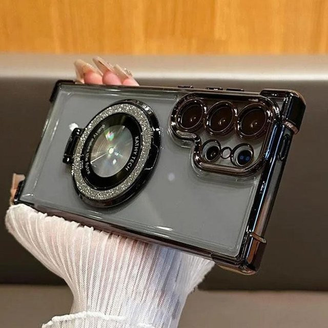 Magnetische Magsafe Handyhülle mit Glitzer und Ständer für Samsung Galaxy S26 Ultra S25 Plus S24 S23 S22 S21 S20 FE in Schwarz und Transparent - Bild 1