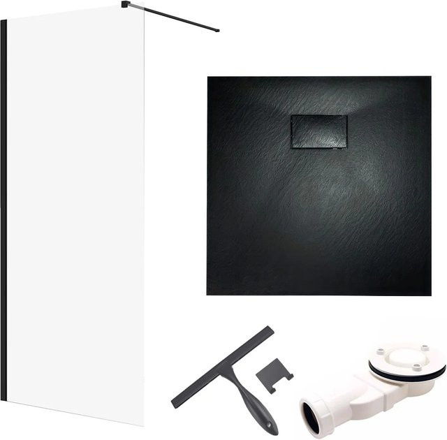 KOLMAN Walk-In Duschset mit Duschwanne und Seitenwand, Schwarz/Schwarz, B/T/H: 90 x 90 x 195 cm - Bild 1