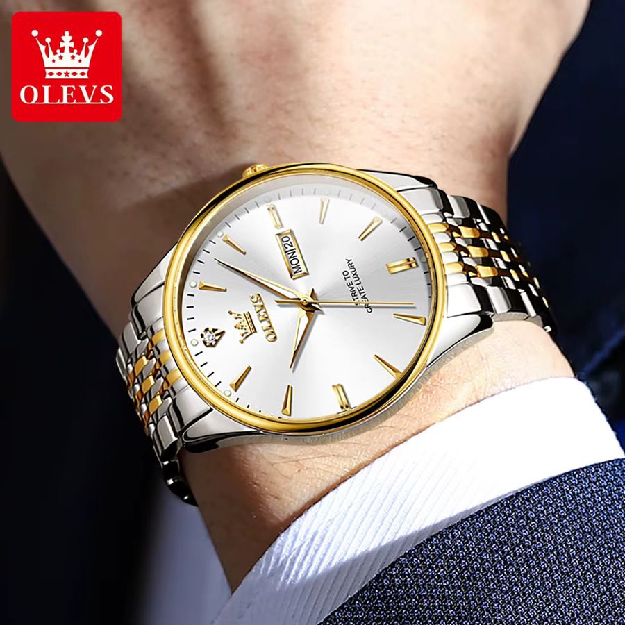 OLEVS Armbanduhr, Quarz, Edelstahl, Bicolor, Doppelkalender, Herren - Bild 3