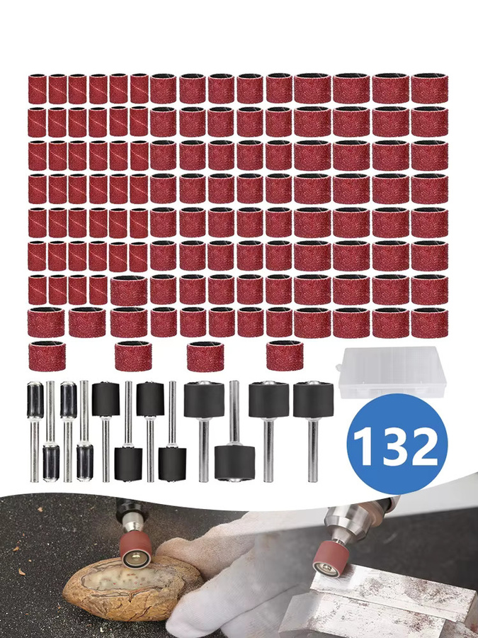 XCAN Schleiftrommel-Set mit 132 Stück und Körnung 80, inklusive Schleifbänder und Dorne in 1/4, 3/8 und 1/2, passend für Dremel-Zubehör und Drehwerkzeuge, Farbe: Rot - Bild 7