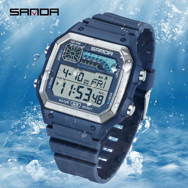 SANDA Chronograph Digitaluhr, Blau, Kunststoff, Silikon, Herren - Bild 1