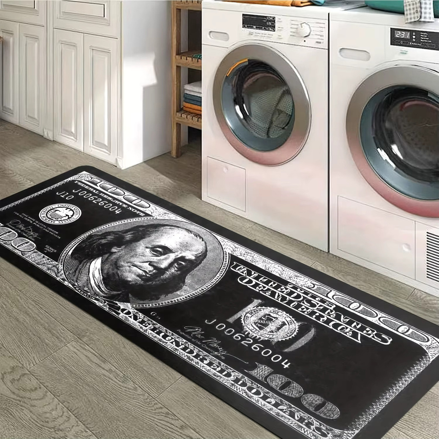 VIKAMA Läufer-Teppich mit 100-Dollar-Rechnung-Design, modern und rutschfest, Schwarz-Weiß, B/T: 120 x 40 cm - Bild 2
