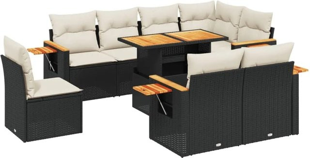 vidaXL 9-tlg. Garten-Sofagarnitur in L-Form aus Poly-Rattan und Akazienholz mit Kissen in Schwarz - Bild 1