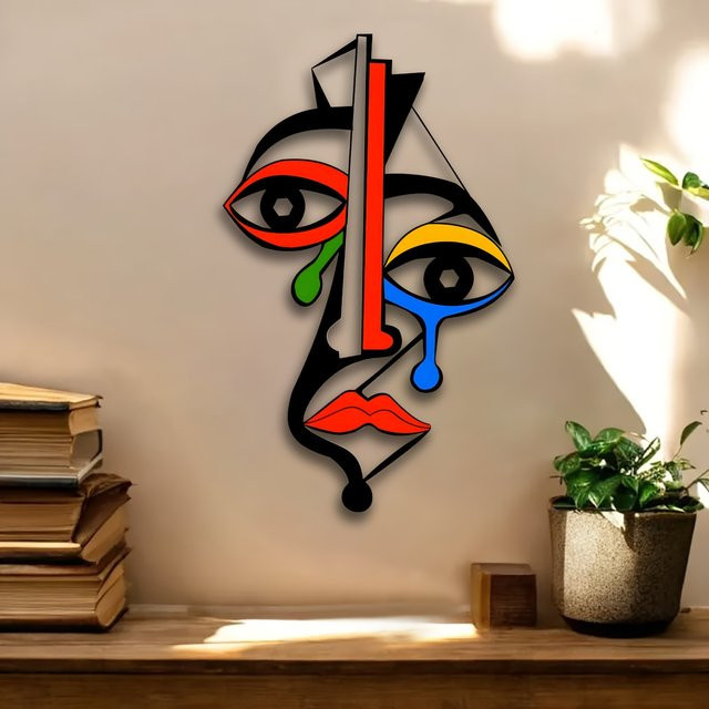 DDPNKL Moderne Metall-Wandkunst Abstrakte Kubistische Gesichtsskulptur in Mehrfarbig mit Geometrischem Design - Bild 1