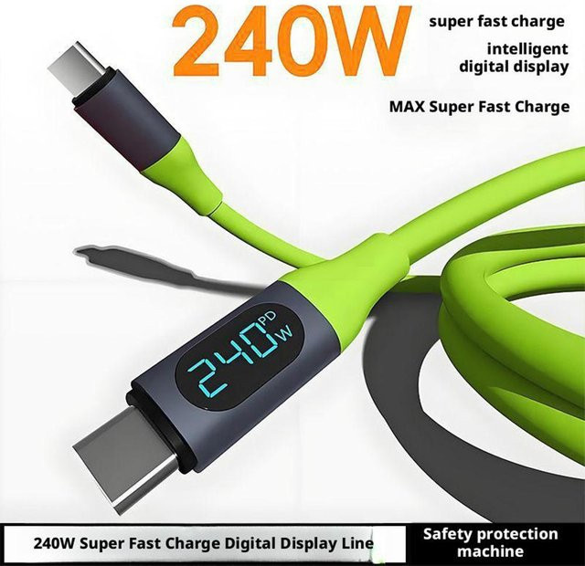 USB Typ-C-zu-Typ-C-Kabel mit Digitalanzeige für 240 W Schnellladung aus Flüssigsilikon in Grün - Bild 1