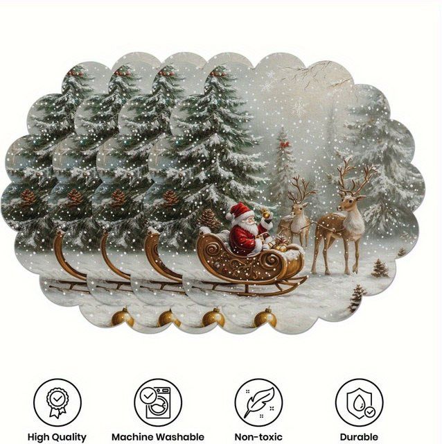 VIKAMA 4er Set Tischsets mit Weihnachtsmann, Schlitten und Rentier Motiven in runder Form für deine Weihnachtsdekoration - Bild 1