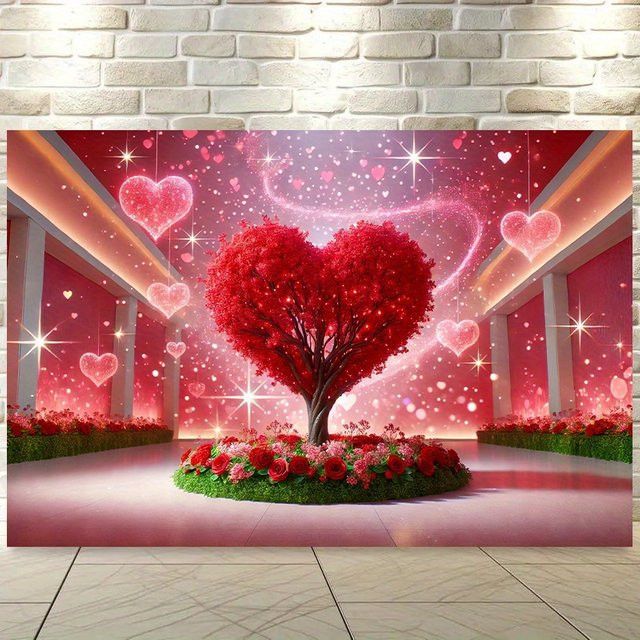 VIKAMA Wandteppich Herz Baum mit Rosen und Sternenlicht zur Dekoration für Wohnzimmer und Party - Bild 1