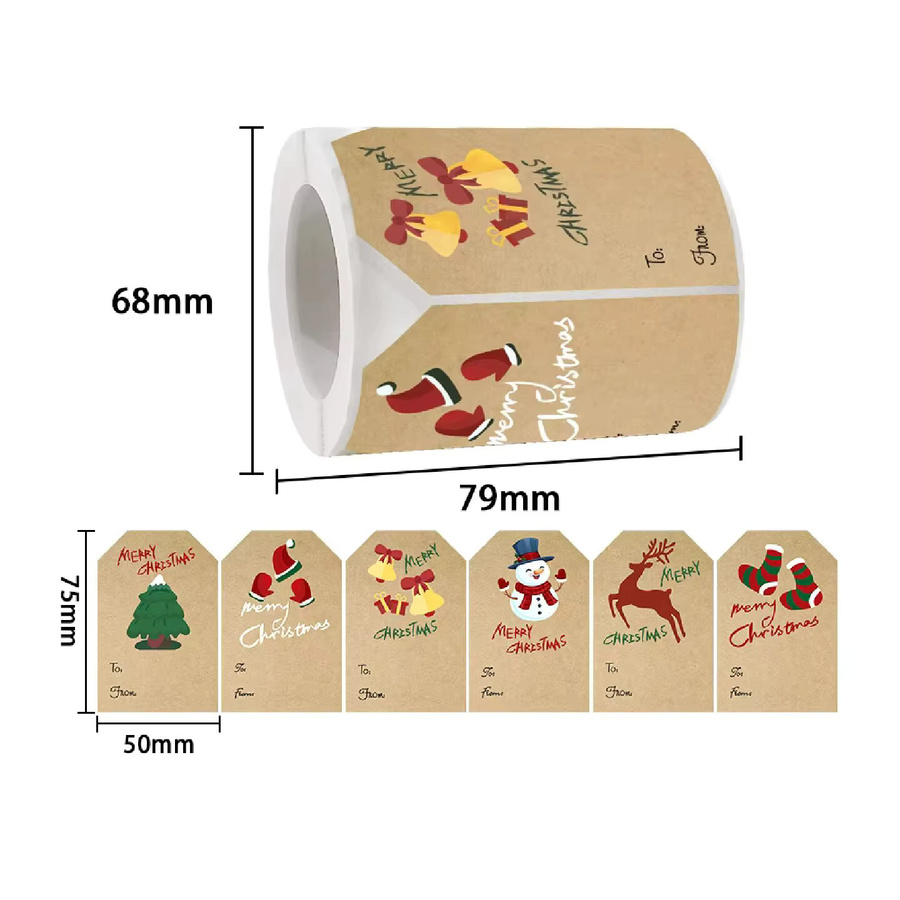 250 Stück Weihnachts Aufkleber mit Cartoon Motiven wie Tannenbaum und Schneemann, Kraftpapier Etiketten, B: 7,5 cm, H: 5 cm, Mehrfarbig - Bild 2