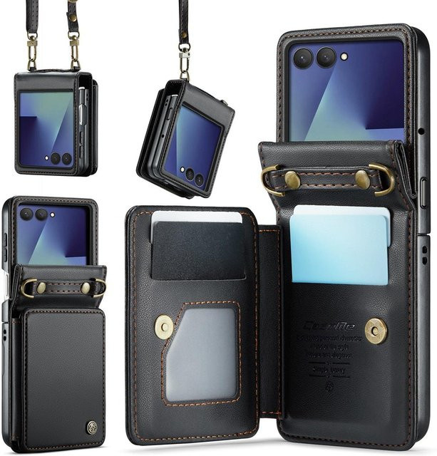 Samsung Galaxy Z Flip7 Geldbörsen-Handyhülle aus weichem PU-Leder in Schwarz mit Kartensteckplatz, Handschlaufe, Schultergurt und Ständerfunktion - Bild 1