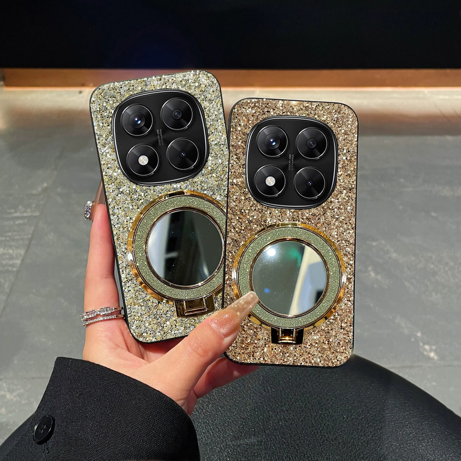 Glitzernde Kunstleder-Handyhülle in Gold für Xiaomi Redmi Note 14 15 4G 5G Pro mit glänzender Spiegelhalterung - Bild 2