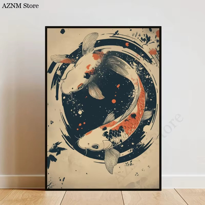 Potdemiel Vintage Japanisches Tempel Koi Fisch Poster in Mehrfarbig - Bild 1