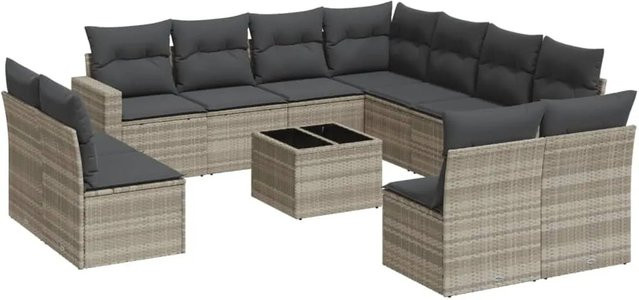 vidaXL 12-tlg Garten-Sofagarnitur aus PE-Rattan in Hellgrau mit UV-beständigen Kissen und pulverbeschichtetem Stahlgestell - Bild 1
