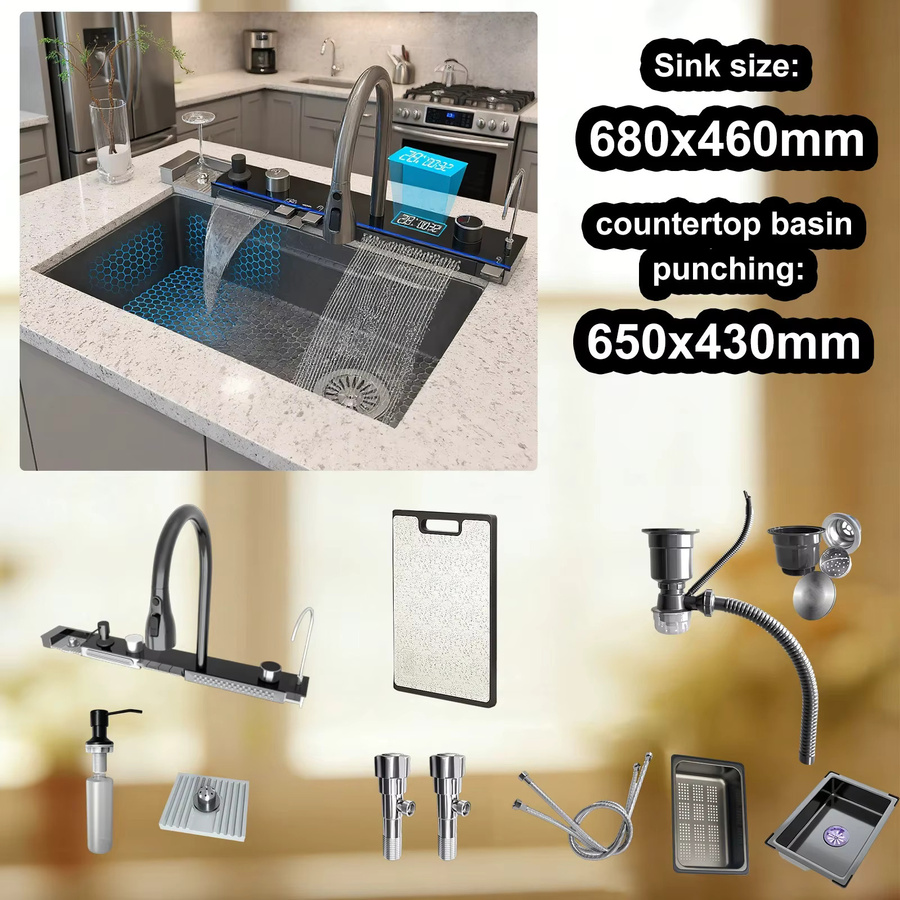 TELISIYA Multifunktionale Küchenspüle aus Edelstahl mit Wasserfall-Funktion und Digitaldisplay in Silber, B/T: 68,0 x 46,0 cm - Bild 4
