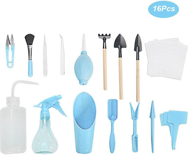 16-teiliges Mini-Gartenwerkzeug-Set für Sukkulenten von CosyHome in Weiß und Blau aus Kunststoff - Bild 1