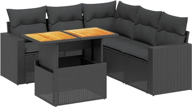 vidaXL 6-teilige Garten-Sofagarnitur aus Poly-Rattan und Akazienholz in Schwarz mit Kissen - Bild 1